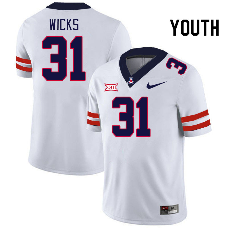 Youth #31 Kaden Wicks Arizona Wildcats Big 12 Conference College Football Jerseys Stitched-White